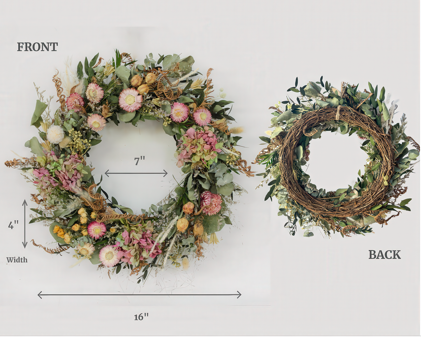 Fleur Du Bien Lavender & Pink Hydrangea Dried Flower Wreath with 16-inch diameter, perfect for front door, wall, or indoor home decor