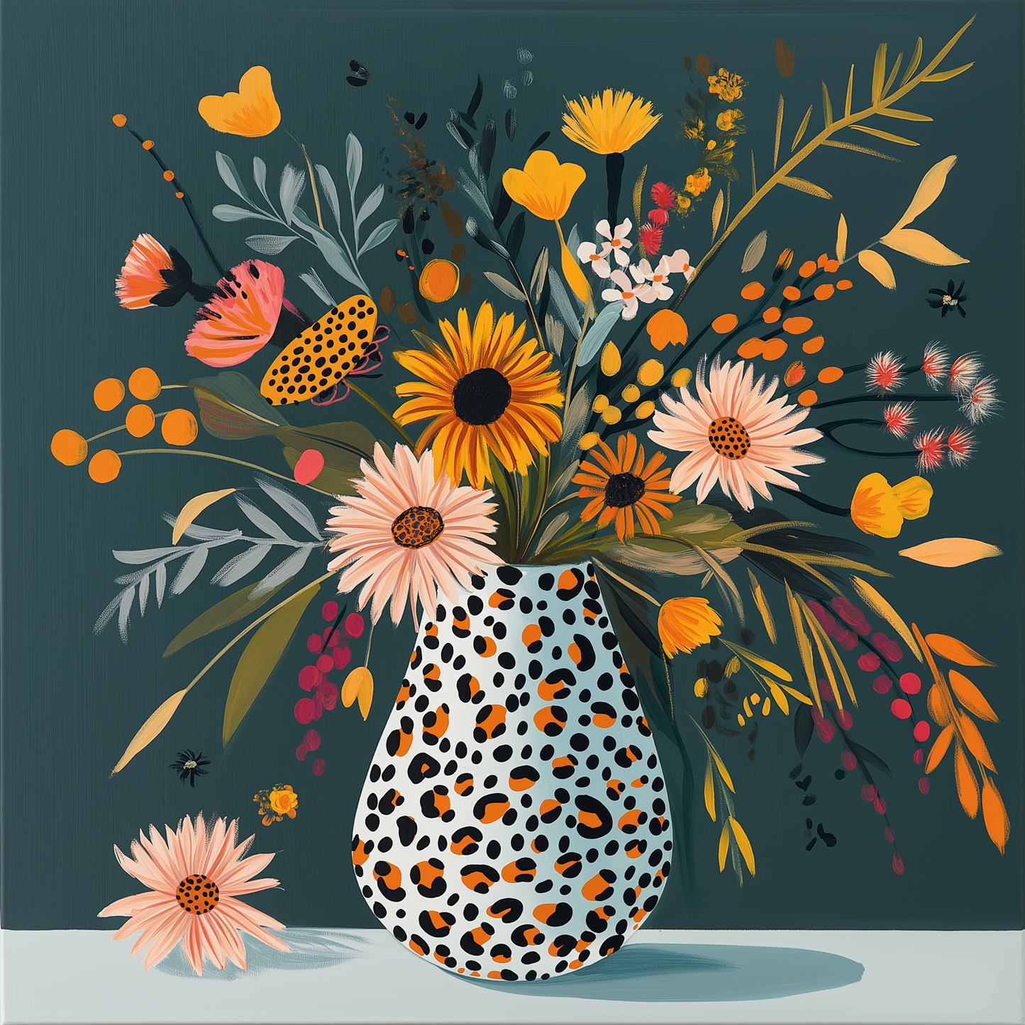 Leopard Wildflowers Framed Wall Art Prints, Decorative Abstract Vase Wall Art for Home Decor Nature Landscape Room Decor