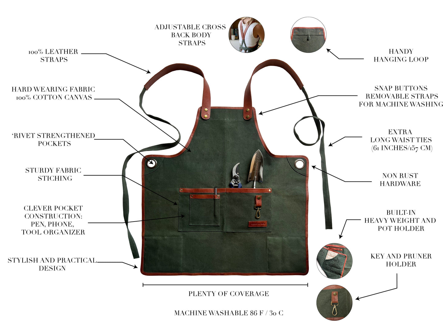 Adjustable neck and waist straps on Fleur Du Bien eco-friendly apron