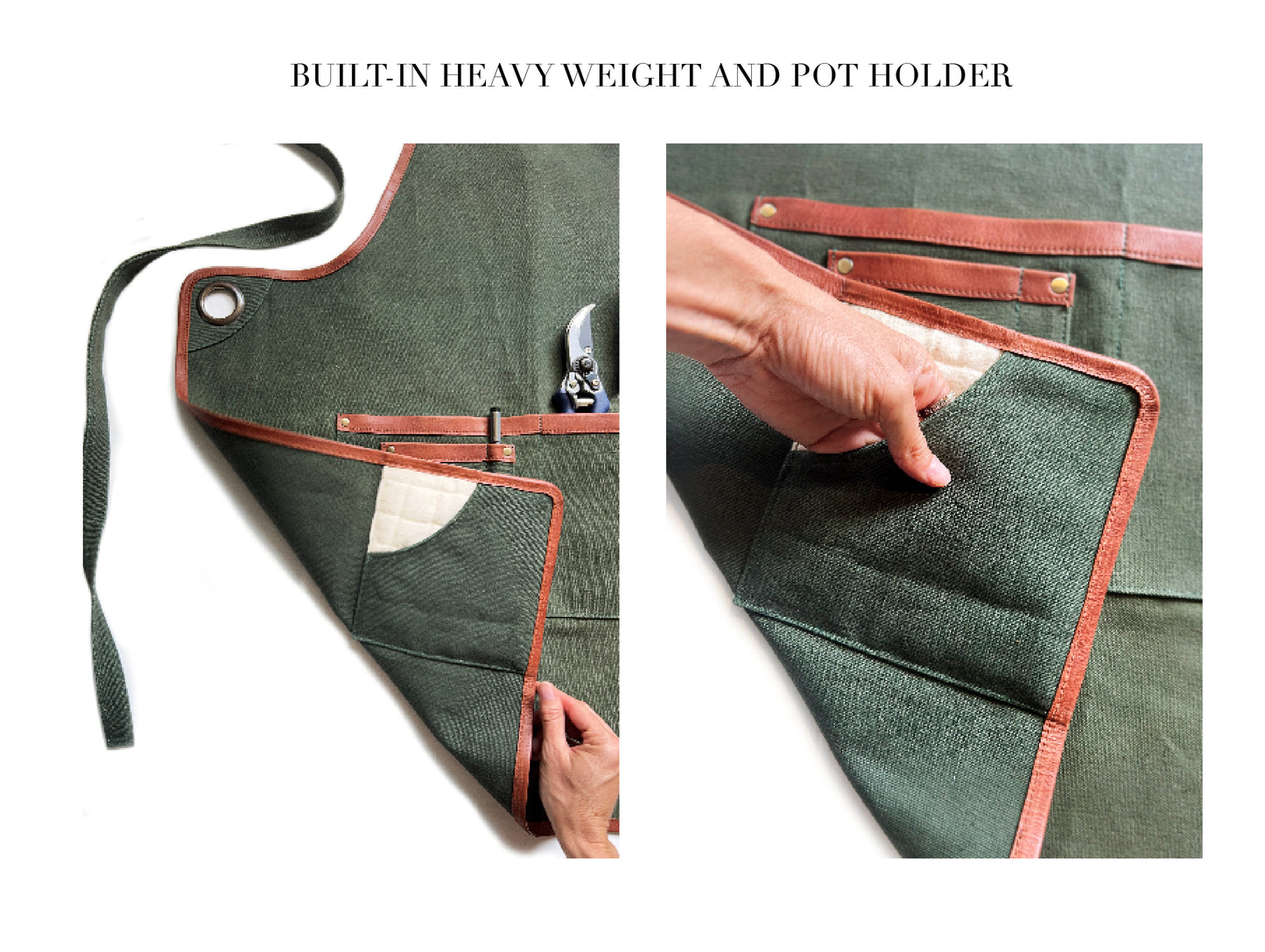 Close-up of Fleur Du Bien apron showing padded inside pocket designed to lift heavy or hot items safely, protecting hands from burns or strain during gardening, BBQ, and DIY projects