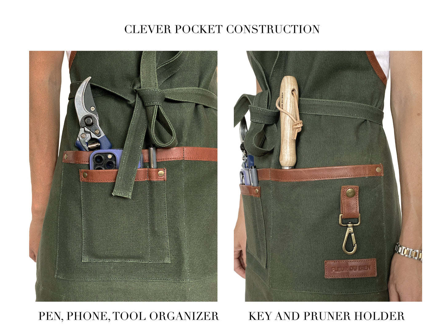 Close-up of Fleur Du Bien apron pockets for tools, utensils, or herbs