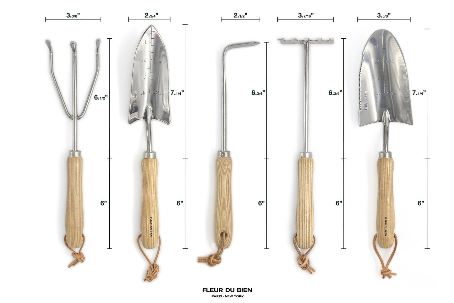 Close-up of Fleur Du Bien 7-Piece Garden Tool Set showing all hand tools, 13-inch stainless steel gardening tools with ergonomic wooden handles, durable and rust-resistant, perfect for indoor and outdoor gardening
