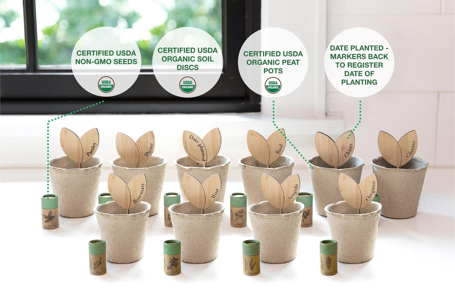 Biodegradable pots, soil discs, and plant markers included in the indoor herb garden kit
