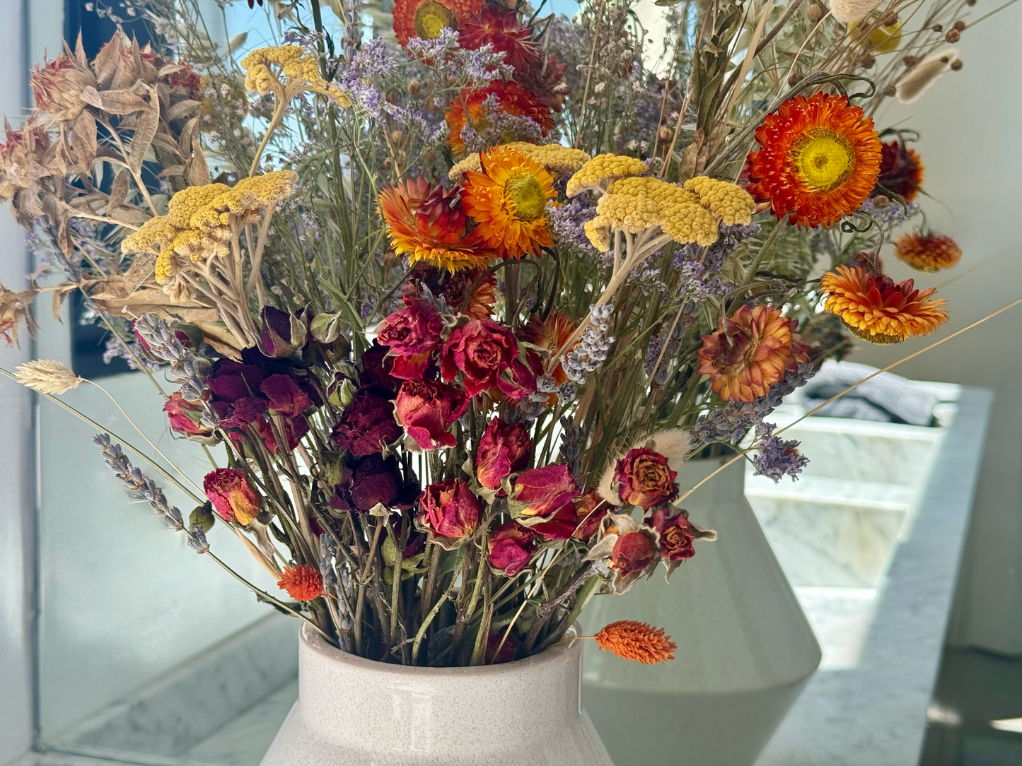 Eternal Embrace Natural Dried Flower Bouquet 40 Stems, orange with red roses, natural lavender, bunny tails grass, and more. Mix Bouquet, Decorative Boho Flowers for Vase DIY Crafts, Real Flower Arrangements for Home Party Office Wedding Decorations