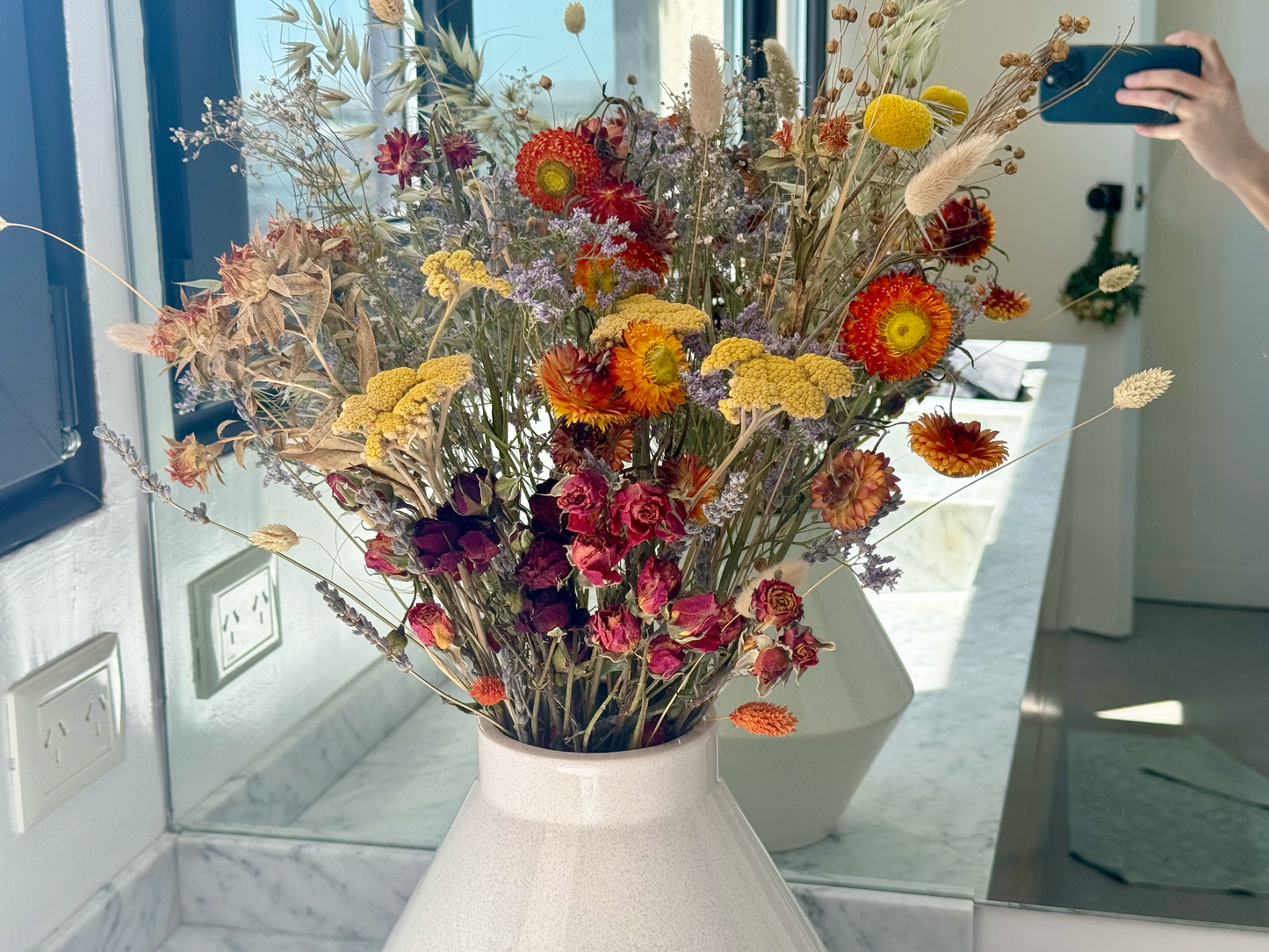 Eternal Embrace Natural Dried Flower Bouquet 40 Stems, orange with red roses, natural lavender, bunny tails grass, and more. Mix Bouquet, Decorative Boho Flowers for Vase DIY Crafts, Real Flower Arrangements for Home Party Office Wedding Decorations