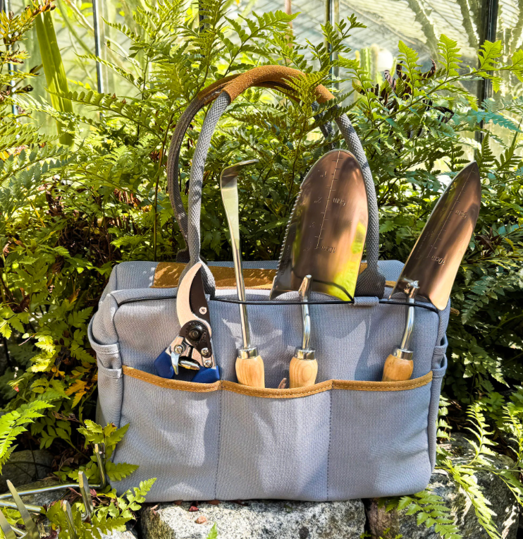 Fleur Du Bien Garden Tool Set gray canvas tote bag – 19-pocket design, durable and water-resistant, fits all 7 hand tools, spacious 24oz capacity, organized and stylish for indoor and outdoor gardening