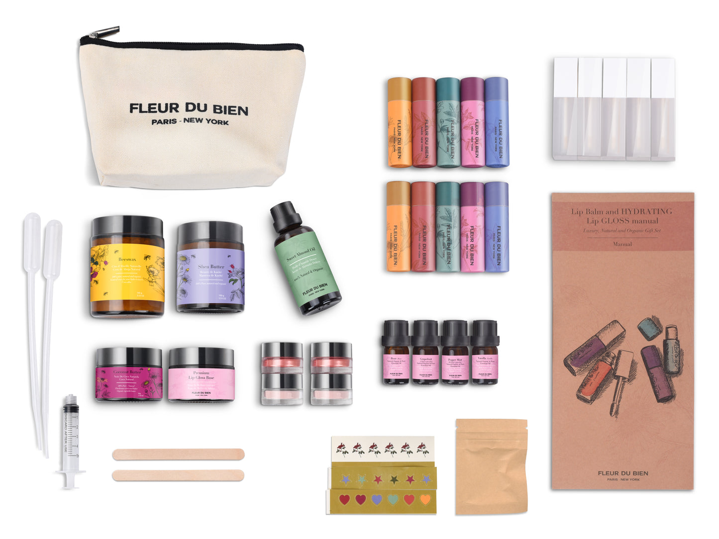 Fleur Du Bien Lip Gloss and Lip Balm DIY Kits for Adults 31 Pieces Vegan Lip Balm and Lip Gloss Making Kit Hydrating Lip Balm Starter Kit