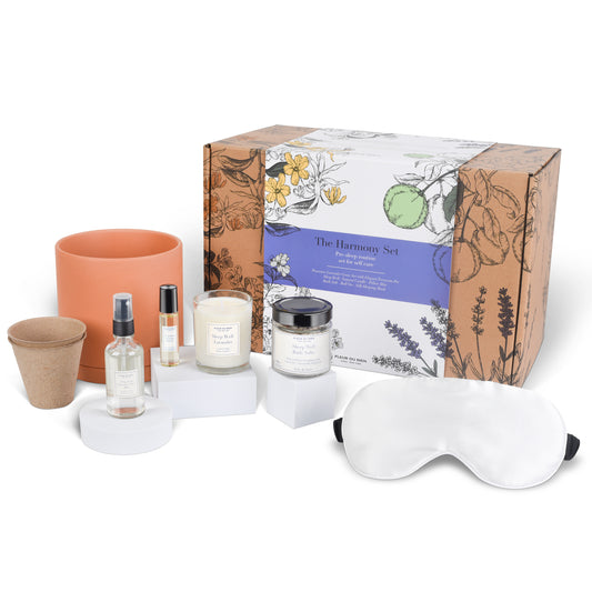FleurDuBien Lux Lavender Growing Kit & Spa Gift Basket - Self-Care Set with Lavender Silk Eye Mask, Mist, Roll-On, Bath Salts, Soy Wax Candle with Perfumist-Crafted Scent, and Terracotta Pot