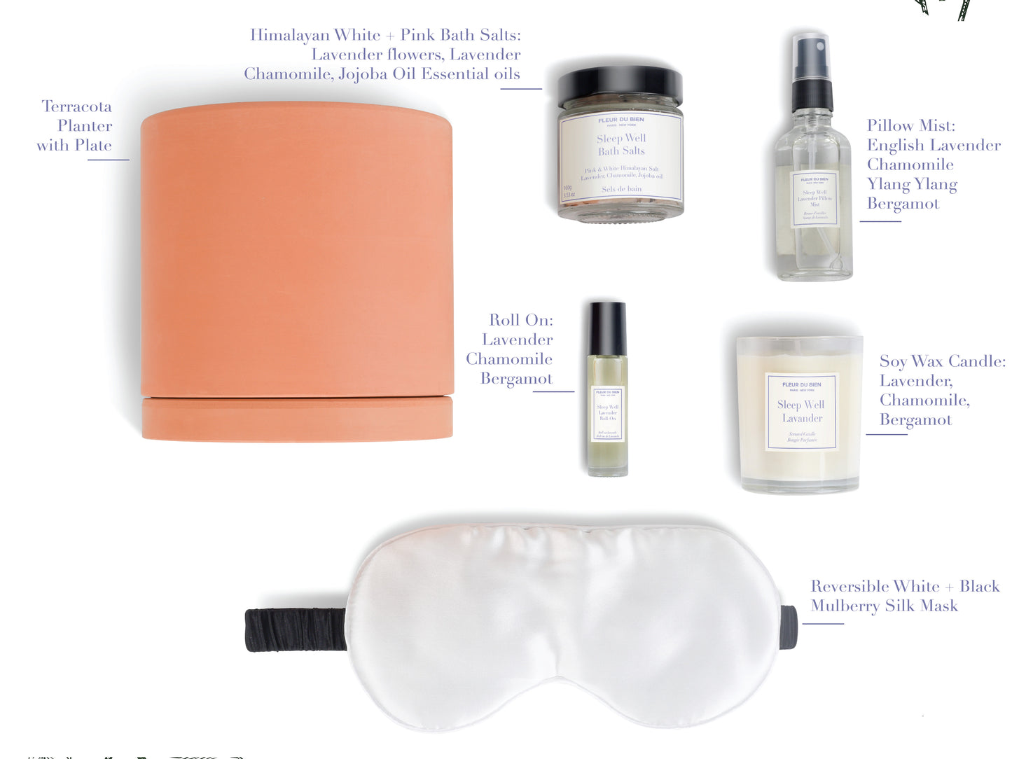 FleurDuBien Lux Lavender Growing Kit & Spa Gift Basket - Self-Care Set with Lavender Silk Eye Mask, Mist, Roll-On, Bath Salts, Soy Wax Candle with Perfumist-Crafted Scent, and Terracotta Pot