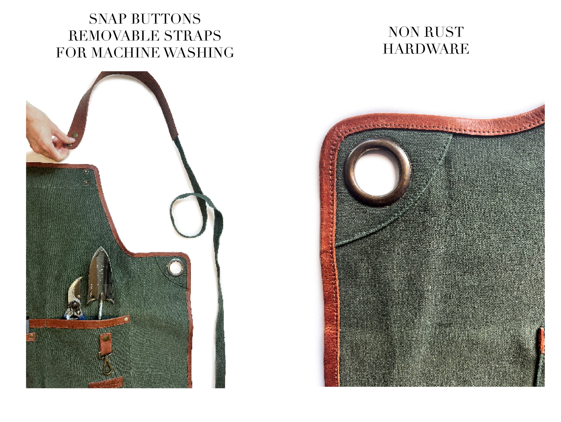 Close-up of Fleur Du Bien apron showing high-quality hardware and snap buttons, highlighting adjustable straps and durable eco-friendly design for gardening, BBQ, and DIY projects