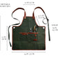 Fleur Du Bien apron displayed with detailed measurements, showing adjustable straps, length, and width to fit all body types for gardening, BBQ, and DIY projects