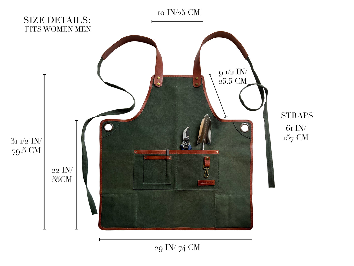 Fleur Du Bien apron displayed with detailed measurements, showing adjustable straps, length, and width to fit all body types for gardening, BBQ, and DIY projects