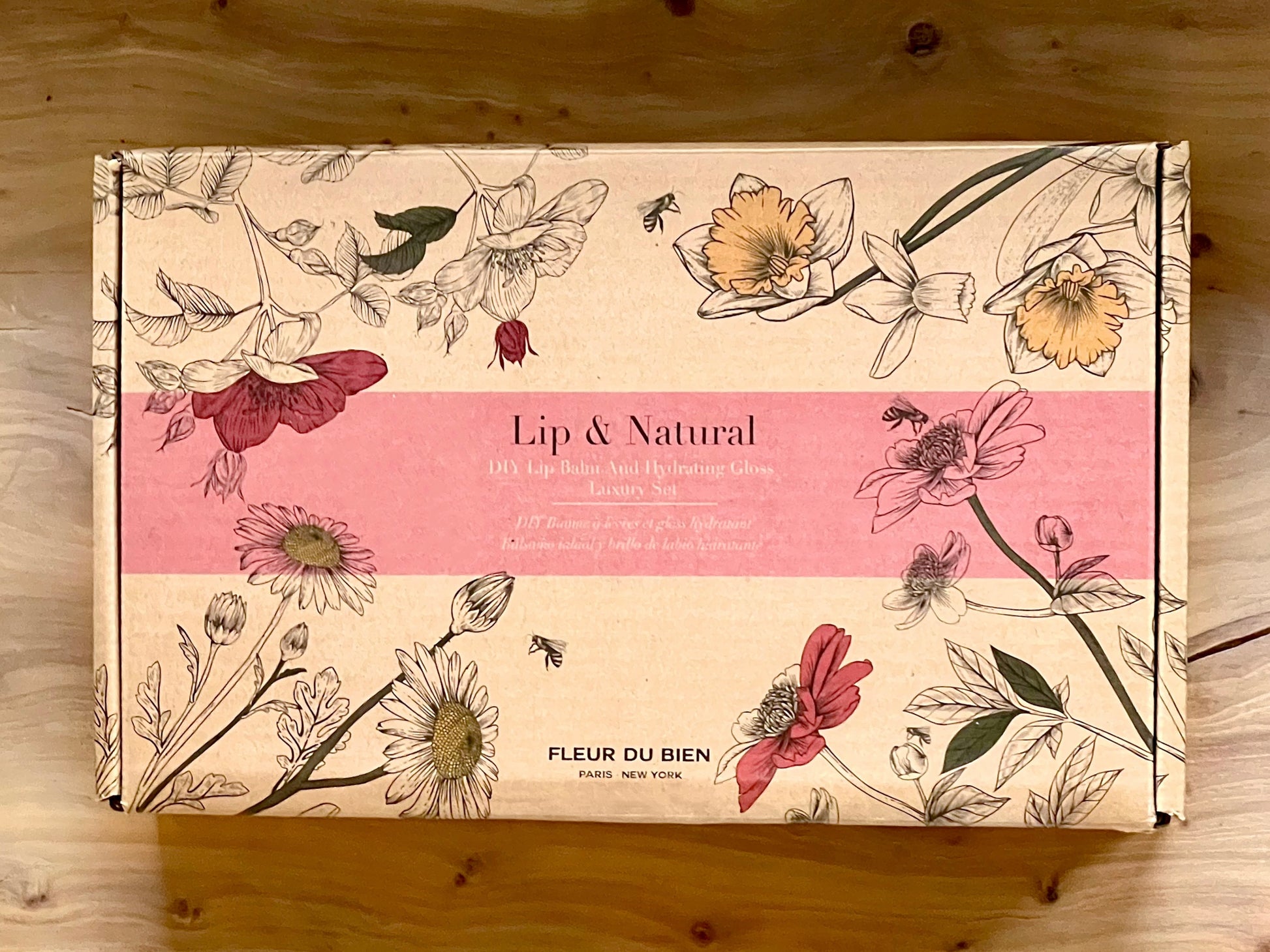 Fleur Du Bien DIY Lip Balm & Lip Gloss Kit box with luxury eco-friendly packaging, reusable containers, and organic ingredients, beautifully presented for gifting