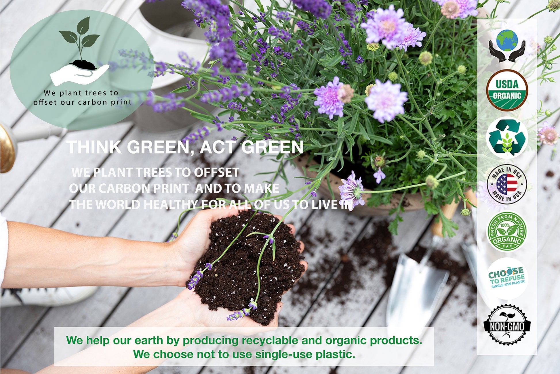 Eco-friendly herb seeds from US farmers, non-GMO, organic, recyclable materials, no single-use plastic. Herbs grown from seeds sourced from US farmers – non-GMO, organic, and carefully selected. Eco-friendly and sustainable, with fully recyclable materials and no single-use plastics