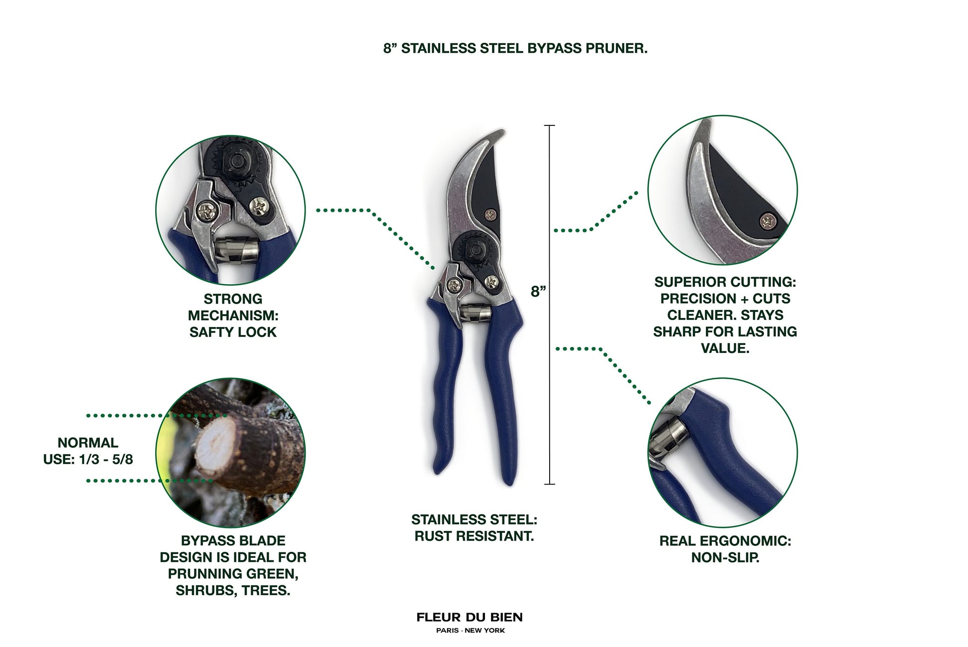 Fleur Du Bien 8-inch bypass pruner close-up – strong and precise cutting mechanism, ergonomic non-slip handle, superior cutting precision, rust-resistant stainless steel, safe and durable gardening tool