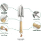 Close-up of Fleur Du Bien Garden Tool – ash wooden handle, leather strap for hanging, stainless steel blade, engraved measurements on spade, strong and durable, ergonomic design for comfortable gardening