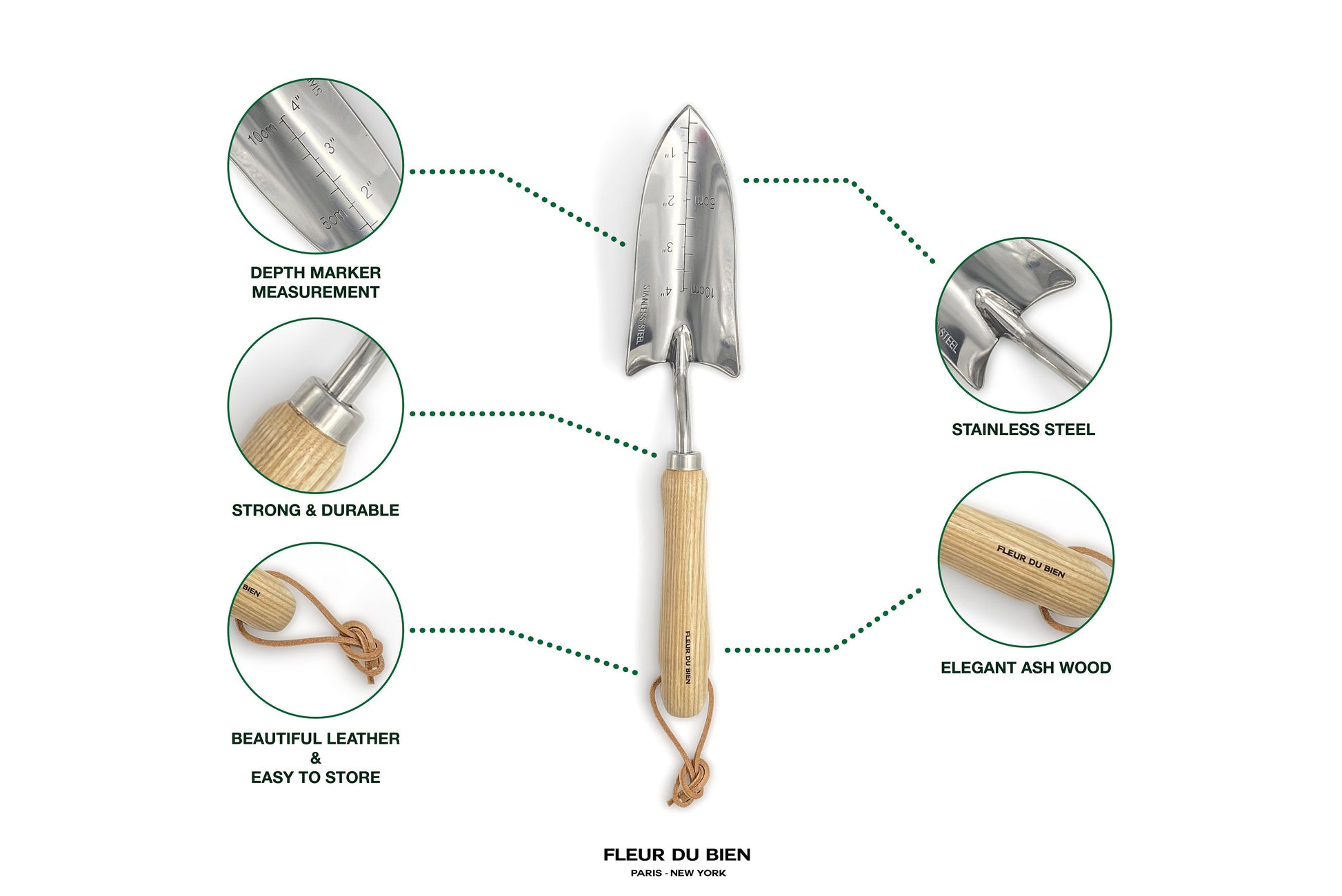 Close-up of Fleur Du Bien Garden Tool – ash wooden handle, leather strap for hanging, stainless steel blade, engraved measurements on spade, strong and durable, ergonomic design for comfortable gardening