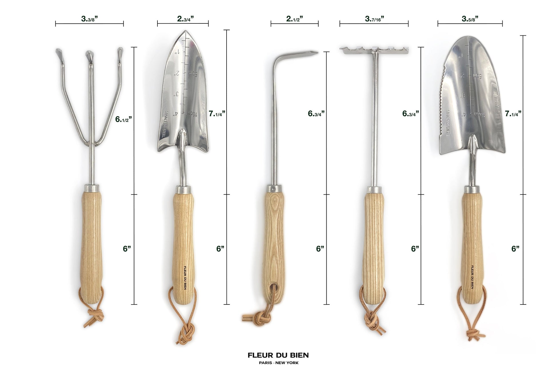Close-up of Fleur Du Bien 7-Piece Garden Tool Set showing all hand tools, 13-inch stainless steel gardening tools with ergonomic wooden handles, durable and rust-resistant, perfect for indoor and outdoor gardening