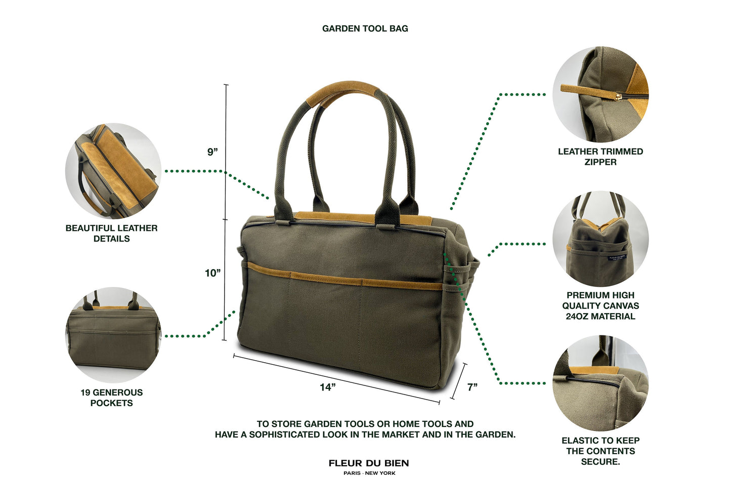 Close-up of Fleur Du Bien Garden Tool Set canvas tote bag – premium high-quality gray canvas with leather trim, secure elastic straps, leather zipper pull, 10-inch generous pockets, functional and stylish for organizing all 7 gardening tools, durable and water-resistant
