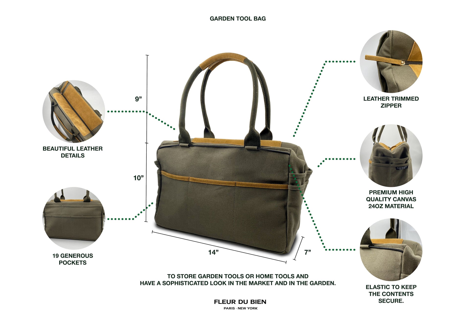 Close-up of Fleur Du Bien Garden Tool Set canvas tote bag – premium high-quality gray canvas with leather trim, secure elastic straps, leather zipper pull, 10-inch generous pockets, functional and stylish for organizing all 7 gardening tools, durable and water-resistant