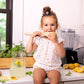 Kids cooking with fresh herbs from Fleur Du Bien Indoor Herb Garden Kit – making healthy lemonade with mint, grown at home, knowing exactly what you use