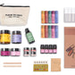 Flat lay of Fleur Du Bien DIY Lip Balm Kit ingredients including organic oils, natural butters, flavorings, reusable containers, and applicators for eco-friendly lip care