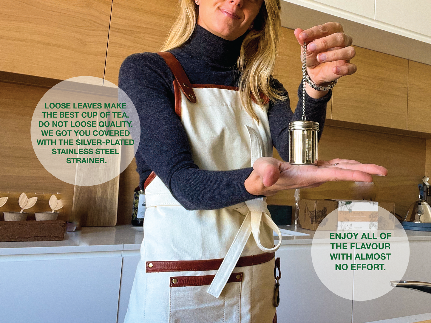 Fresh herbs grown from the kit used to flavor Dragonwell Green Tea. Enjoy all the flavors effortlessly – our premium loose leaf Dragonwell green tea makes the perfect cup, and the included stainless steel strainer ensures a smooth, easy brewing experience every time