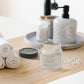 Himalayan pink and white bath salts, roll-on essential oil, and lavender mist from Fleur Du Bien Lux Lavender Kit – natural, chemical-free spa products for self-care and wellness