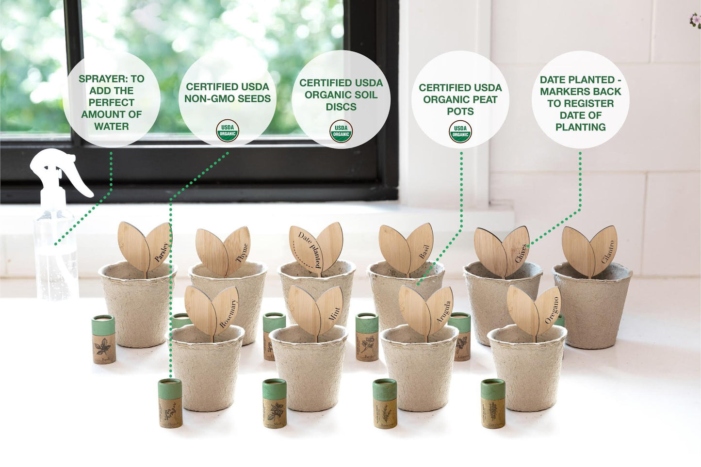 Biodegradable planter and soil discs included in Fleur Du Bien Indoor Herb Garden Kit