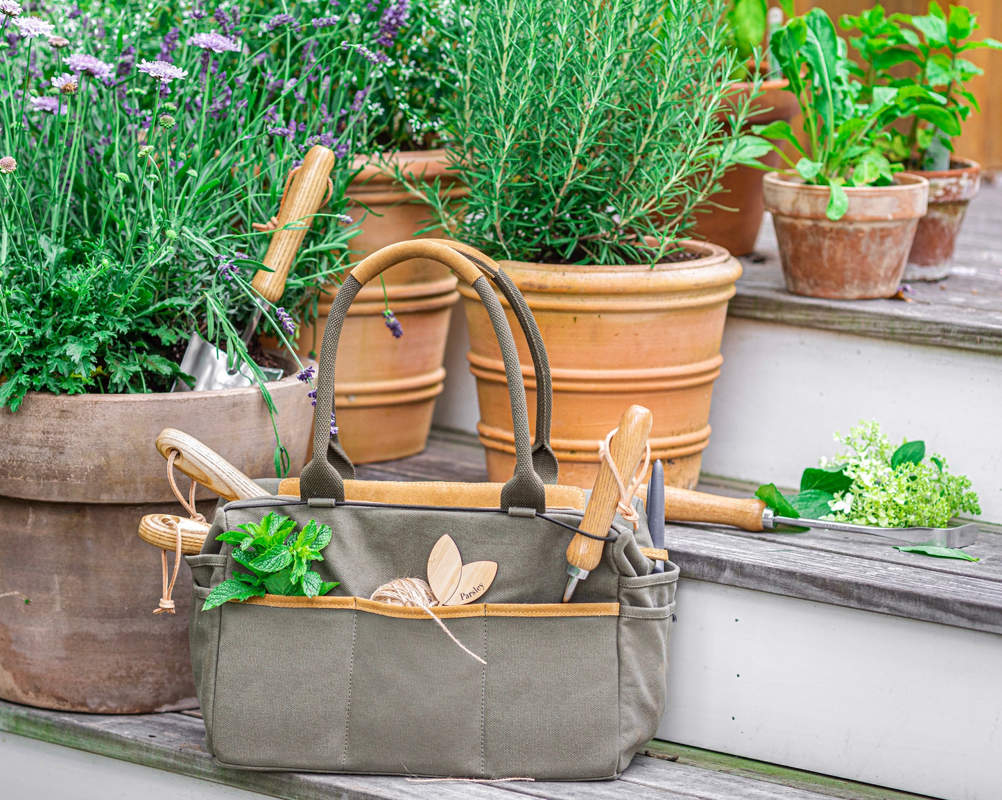 7 Piece Stainless Steel Tools, Garden Tool Set and Bag, Wooden Handles, Heavy Duty Gardening Tools set with Storage Tote Bag