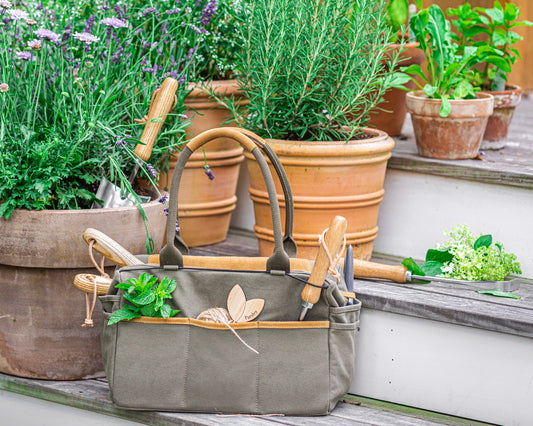 7 Piece Stainless Steel Tools, Garden Tool Set and Bag, Wooden Handles, Heavy Duty Gardening Tools set with Storage Tote Bag