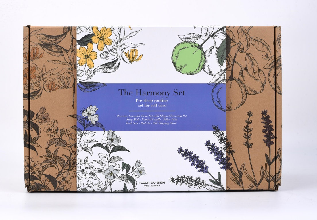 FleurDuBien Lux Lavender Growing Kit & Spa Gift Basket - Self-Care Set with Lavender Silk Eye Mask, Mist, Roll-On, Bath Salts, Soy Wax Candle with Perfumist-Crafted Scent, and Terracotta Pot